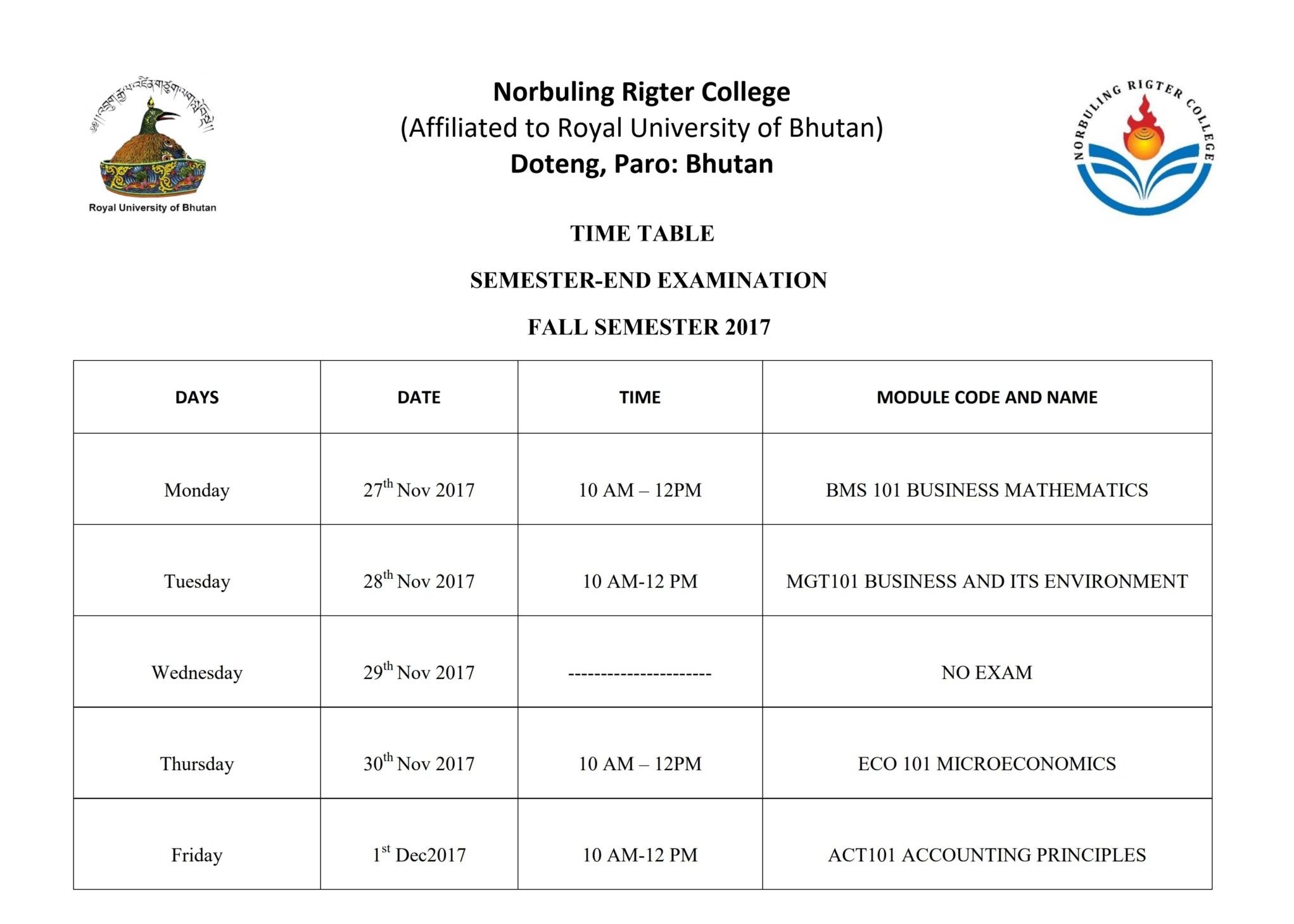 SEMESTEREND EXAMINATION TIME TABLE Norbuling Rigter College